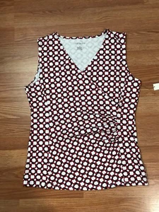Talbots Sleeveless Top Womens M White Red Black Faux Wrap Cotton Blend Stretch - Picture 1 of 11