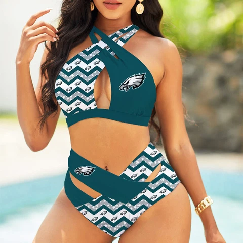 Philadelphia Eagles Women's Crisscross Bikini High Waist Swimsuit Beach Swimwear Cover