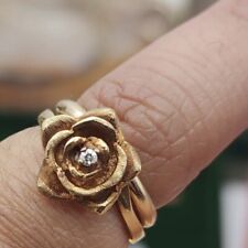 Vintage 14k Gold Flower Rose Motif Ring with Diamond Size 6.25