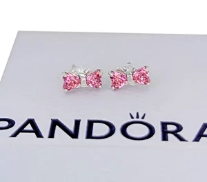 New 100% Authentic PANDORA 925 Ale Sparkling Pink Bow Stud Earrings 293505C01 - Picture 1 of 8