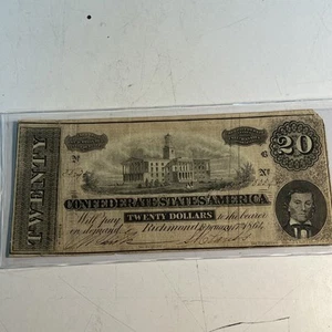 1864 $20 TWENTY DOLLAR NOTE ~ CONFEDERATE STATES OF AMERICA - Picture 1 of 2