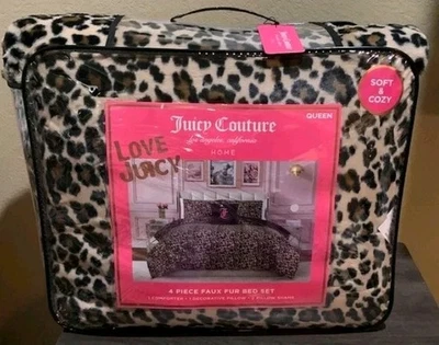 Juego de edredón Juicy Couture de felpa de piel sintética con estampado de leopardo 4 piezas REINA suave y acogedor Foto 1 de 4