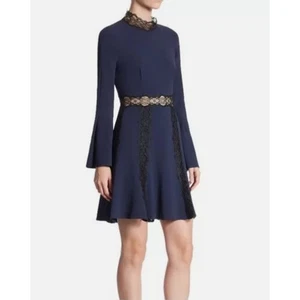 Jonathan Simkhai Blue Dress Black Lace Trim 4 Swing Party Flare Bell Sleeve NWT - Picture 1 of 21