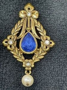 Vintage Avon Anhänger goldfarben blau Glas Träne Stein mit Perle Tropfen ohne Kette - Bild 1 von 12