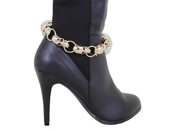 Mujer Bota Pulsera Oro Metal Cadenas Bling Tobillera Dijes Tacones Esqueleto Calaveras Foto 1 de 4