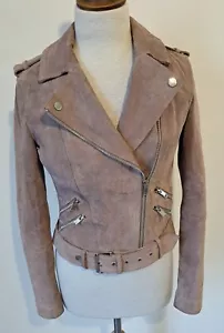 RIVER ISLAND - Taupe Brown/Grey 100% Suede Leather Zip Up Biker Jacket - Size 10 - Picture 1 of 17