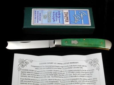 COOPER CUTLERY GREEN SAWCUT CAMEL BOHN RAZOR TRAPPER KNIFE USA 5219GSCB - Image 1 of 4