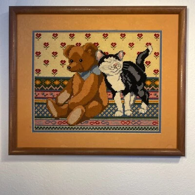 Dimensions Purrfect Friends Needlework #2253 Finished Framed Teddy Bear Cat VTG - Image 1 of 4
