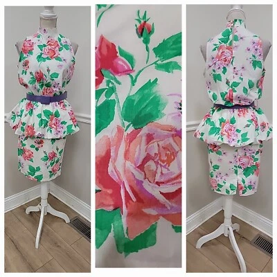Vestido Peplum Vintage Años 80 Estampado Floral Movible/Vestido Sin Mangas/Hasta la Rodilla  Foto 1 de 4