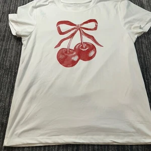 Cherry T Shirt Womens Medium Red Cherries Bow Cute White Short Sleeve Top EUC - Picture 1 of 9
