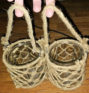 Lot Of 2 Burlap Handle Hanging Candle Holders 4" & 6" Handle Drop - Picture 1 of 5