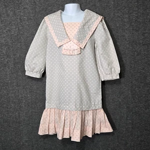 Diane Von Furstenberg Dress Girls 10 Gray Peach Polka Dot Drop Waist Vtg 80s - Picture 1 of 10