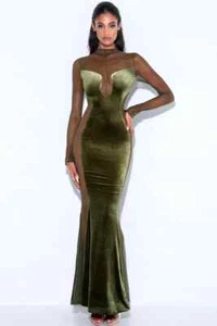 Cherley VELVET MESH PATCHWORK LONG SLEEVE GREEN MAXI DRESS size Medium NWT - Picture 1 of 14