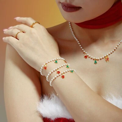 CONJUNTO Mujer Chapado en Oro 18K Navidad Lindo Colgante Esmalte Collar Pulsera Regalos Foto 1 de 4