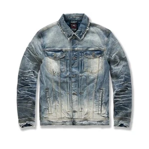 New Men's Jordan Craig Tribeca Twill Trucker Jacket (ICED LAGER) Ripped Size M - Picture 1 of 2