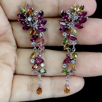 925 Sterling Silver Earrings Marquise Rhodolite Garnet Citrine Gemstone Jewelry - Image 1 of 4