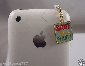 green dangle cell phone or fits Ipad charm ear cap dust plug save the planet - Picture 1 of 3
