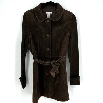 NWT! Y2K Twiggy brown leather jacket women XL wool sleeves long line button  - Image 1 of 4