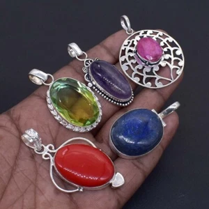 Sparkling Red Coral Gemstone Pendant Lot Of 5 Pcs 925 Silver Plated Jewelry 2" - Picture 1 of 4