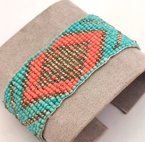 TALLY WEIJL Turquoise & Salmon Glass Beaded Southwestern Style Bracelet - Picture 1 of 5
