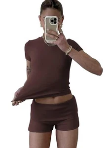 Casual Workout Two Piece Outfits for Women Short Sleeve Crop High Waist Foldo... - Picture 1 of 8
