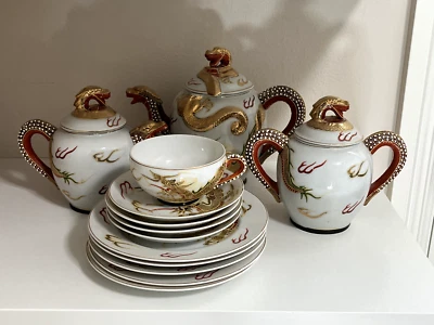 Japanese Kutani Three Dragon Gilt Gold Orange White Moriage Porcelain Tea set - Image 1 of 4