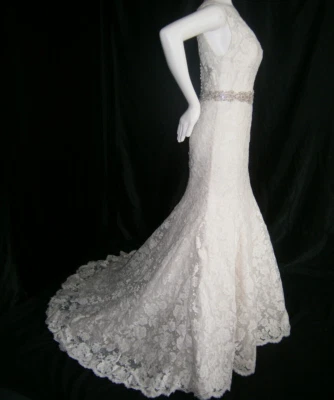 Madison James MJ 14 Wedding Dress 8-12  Lace Crystal Bead Waist Champagne $2,023 - Image 1 of 4