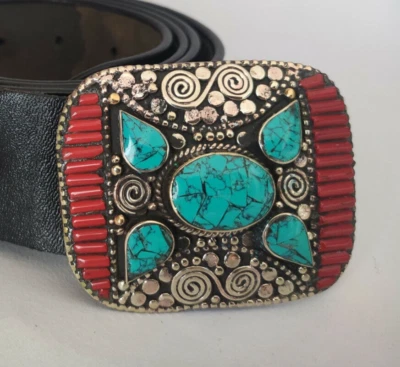 Cinturón Tibetano Plata Hebilla Cinturón Trampa Cintura Turquesa Coral Cierre, B16 Foto 1 de 3