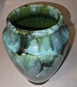 Vintage Mid Century Modern Studiokeramik grün braun Tropfglasur Vase 9" H 5" B - Bild 1 von 9