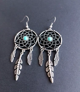 Dreamcatcher Dangly Earings Silvertone, Turquoise 7 x 3 cm VGC Native American - Picture 1 of 3