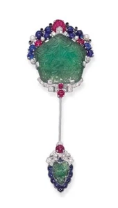 Carved Multi Gemstone Tutti Frutti Jabot Pin Brooch 925 SS Cocktail High Jewelry - Picture 1 of 8