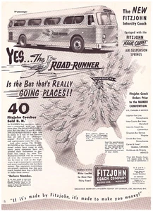 1954 FITZJOHN Intercity Coach 'The Road-Runner' pubblicità autobus USA molto informativa - Foto 1 di 1