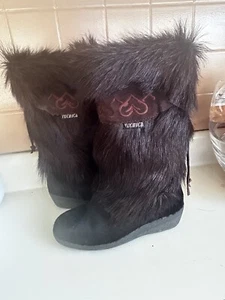 Vintage Tecnica Brown Boot Skandia Cow Hide Goat Fur Women's 38 Italy 7.5 USA - Picture 1 of 11