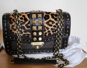 New Michael Kors Chain Shoulder Brown Leather Bag with Animal Print and Studs - Picture 1 of 9