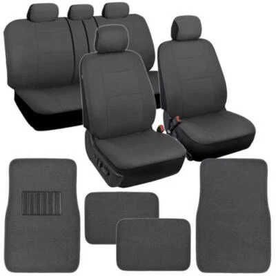 Fundas de asiento de coche de banco dividido de tela de poliéster gris oscuro liso + juego de alfombrillas Foto 1 de 4