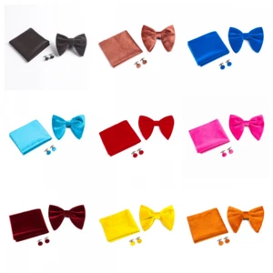 Men Velvet Oversized Pre-tied Bow Tie Pocket Square Cufflink Bowtie Hanky Set - Picture 1 of 19