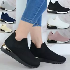 WOMENS LADIES PULL ON SOCK WEDGE HEEL TRAINERS SNEAKERS PUMPS SPORTS SHOES SIZE - Picture 1 of 22