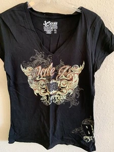 Nascar Dale Jr Women's Black Cap Sleeve V-neck T-shirt Floral Design Large - Picture 1 of 4