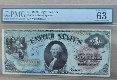 Billete arco iris sin circular FR-18 1869 $1 licitación legal PMG 63 opción Foto 1 de 2