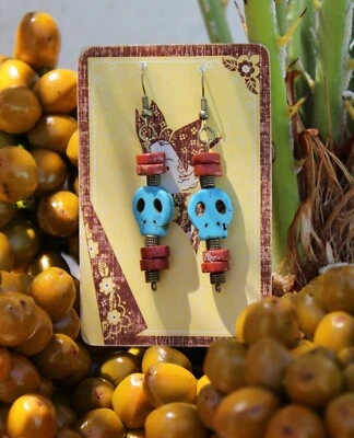Handmade Earrings - Teal Magnesite Skulls, Red Jasper Beads, Antique Bronze  - Image 1 of 2