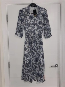 Love Sunshine White Navy Gold Floral Button Down Midi Dress Size 10 Smart Sheer - Picture 1 of 10