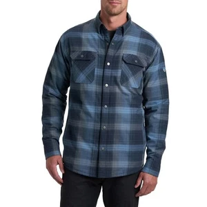 KUHL JoyRydr Flannel Shirt Jacket Mens Size L Sherpa Lined Blue Creek Stripe - Picture 1 of 6
