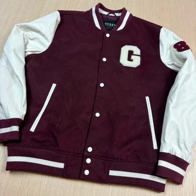 Guess Varsity Letterman Jacket Retro XL men's white burgundy maroon triangle - Image 1 of 4