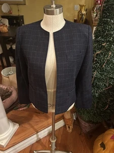Vtg Adolfo Esprit Plaid Navy Blue  Skirt Suit Sngl Breasted Full Lined Sz 5/6 - Picture 1 of 12
