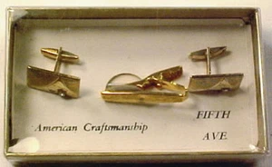 Vintage Mens 5th AVE GOLDTONE CUFFLINKS & TIE BAR SET - Picture 1 of 1