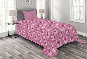 Pink Quilted Bedspread & Pillow Shams Set, Heart and Flowers Petals Print