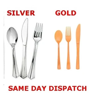 21 PACK SILVER/ GOLD EFFECT ASSORTED CUTLERY PARTY TABLEWARE HEAVY DUTY REUSABLE - Picture 1 of 5