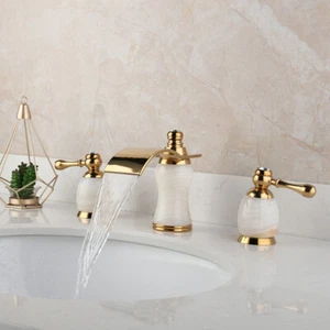 Oro 3 PIEZAS Mezclador Grifo Cascada Pico Baño Cuenca Fregadero Cubierta Montaje Grifo de latón - Imagen 1 de 7