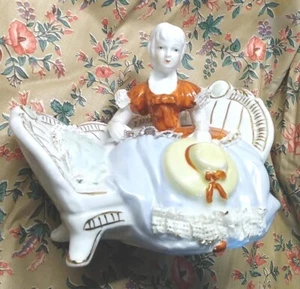 Lady Sitting on Sofa 5.5"H Big Skirt red orange yellow Big hat Lace Figurine - Picture 1 of 11