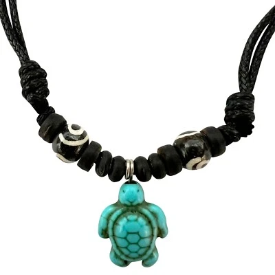 Turquoise Turtle Pendant Beaded Black Cord Chain Necklace Mens Womens Jewellery - image 1 of 3
